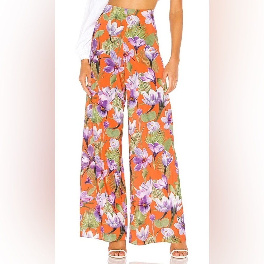 ALICE + OLIVIA Athena Floral-Print High-Rise Wide-Leg Pants Vacation Orange XS